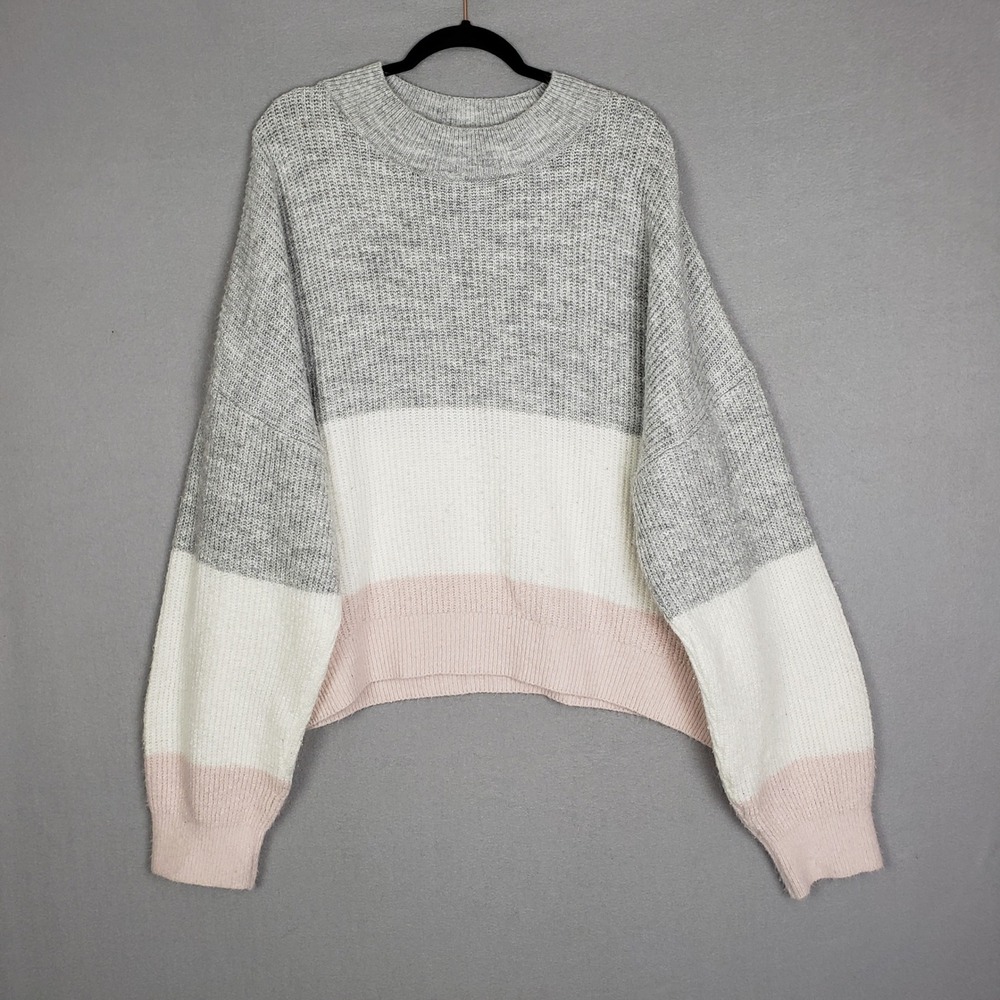 TopShop Size 14 Crewneck Sweater Gray Beige Stripe Colorblock Neutral Slouchy